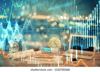 Multi exposure of forex chart and work space with computer. Concept of international online trading.
