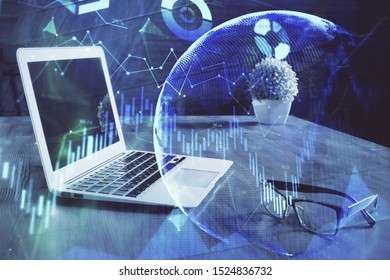Multi exposure of forex chart and work space with computer. Concept of international online trading.