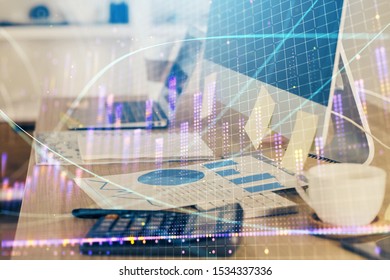 Multi exposure of forex chart and work space with computer. Concept of international online trading.