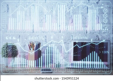Multi exposure of forex chart and work space with computer. Concept of international online trading.