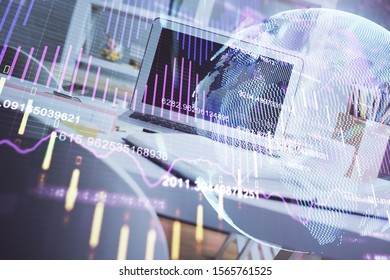Multi exposure of forex chart and work space with computer. Concept of international online trading.
