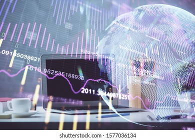 Multi exposure of forex chart and work space with computer. Concept of international online trading.