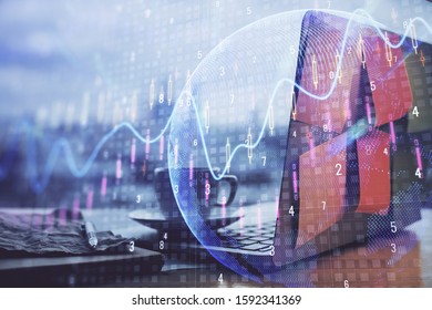 Multi exposure of forex chart and work space with computer. Concept of international online trading.