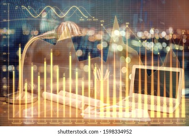 Multi exposure of forex chart and work space with computer. Concept of international online trading.