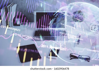 Multi exposure of forex chart and work space with computer. Concept of international online trading.