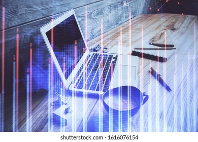Multi exposure of forex chart and work space with computer. Concept of international online trading.