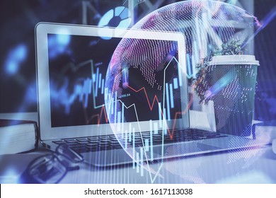 Multi exposure of forex chart and work space with computer. Concept of international online trading.