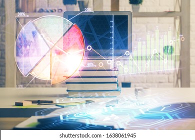 Multi exposure of forex chart and work space with computer. Concept of international online trading.