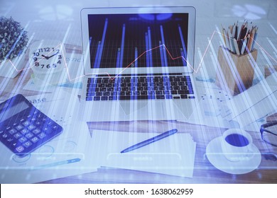 Multi exposure of forex chart and work space with computer. Concept of international online trading.