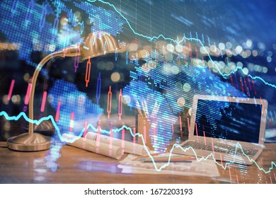 Multi exposure of forex chart and work space with computer. Concept of international online trading.