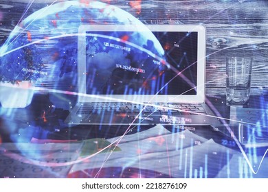 Multi exposure of forex chart and work space with computer. Concept of international online trading.
