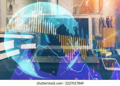 Multi exposure of forex chart and work space with computer. Concept of international online trading.