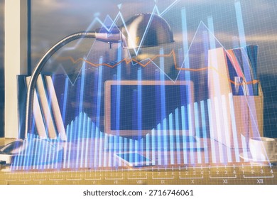 Multi exposure of forex chart and work space with computer. Concept of international online trading.