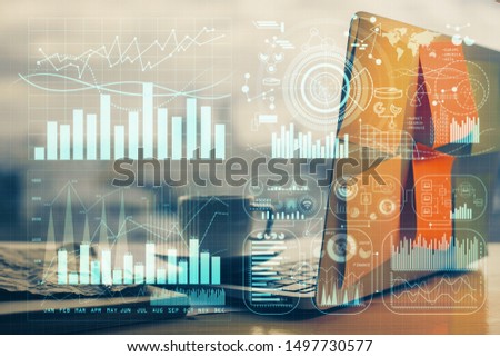 Multi exposure of forex chart and work space with computer. Concept of international online trading.