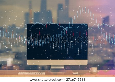 Multi exposure of forex chart and work space with computer. Concept of international online trading.