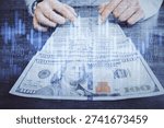 Multi exposure of forex graph drawing hologram and USA dollars bills and man hands. Technical Analysis concept.