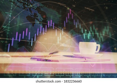 Multi exposure of forex graph drawing and desktop with coffee and items on table background. Concept of financial market trading