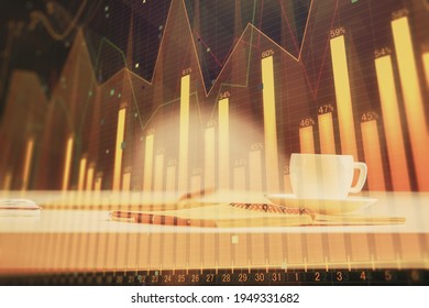 Multi exposure of forex graph drawing and desktop with coffee and items on table background. Concept of financial market trading