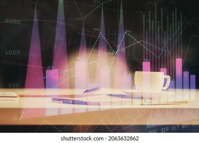 Multi exposure of forex graph drawing and desktop with coffee and items on table background. Concept of financial market trading