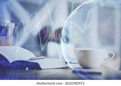 Multi exposure of forex graph drawing and desktop with coffee and items on table background. Concept of financial market trading