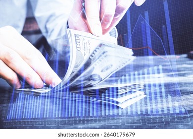 Multi exposure of forex graph drawing hologram and USA dollars bills and man hands. Technical Analysis concept.