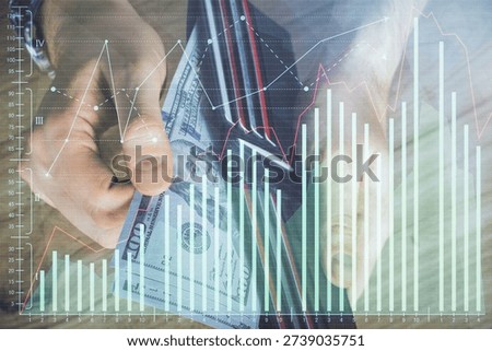 Multi exposure of forex graph drawing hologram and USA dollars bills and man hands. Technical Analysis concept.