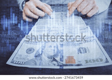 Multi exposure of forex graph drawing hologram and USA dollars bills and man hands. Technical Analysis concept.