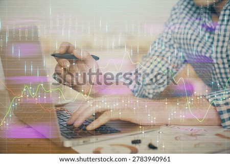 Multi exposure of forex graph with man working on computer on background. Concept of market analysis.