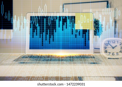 Multi exposure of forex graph and work space with computer. Concept of international online trading.