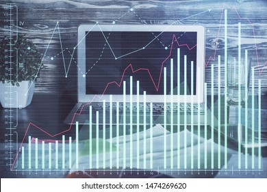 Multi exposure of forex graph and work space with computer. Concept of international online trading.