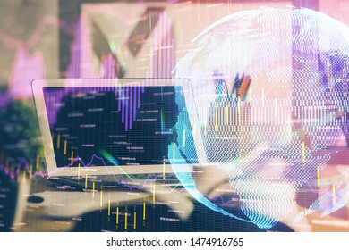 Multi exposure of forex graph and work space with computer. Concept of international online trading.