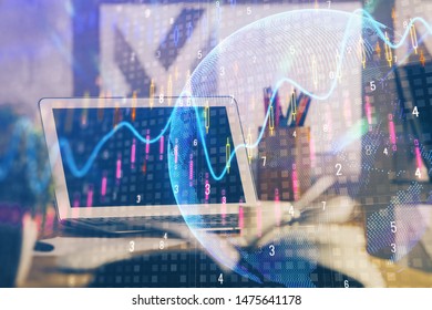 Multi exposure of forex graph and work space with computer. Concept of international online trading.