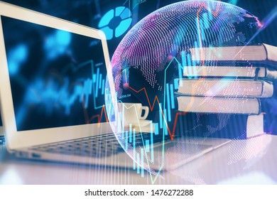 Multi exposure of forex graph and work space with computer. Concept of international online trading.