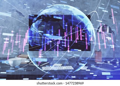 Multi exposure of forex graph and work space with computer. Concept of international online trading.