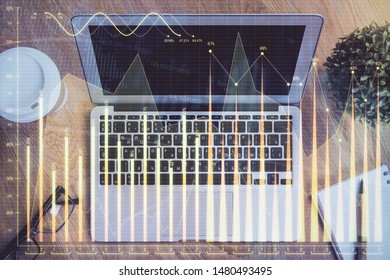 Multi exposure of forex graph and work space with computer. Concept of international online trading.