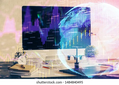 Multi exposure of forex graph and work space with computer. Concept of international online trading.