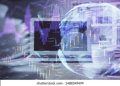 Multi exposure of forex graph and work space with computer. Concept of international online trading.