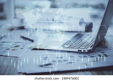Multi exposure of forex graph and work space with computer. Concept of international online trading.