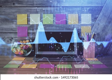 Multi exposure of forex graph and work space with computer. Concept of international online trading.