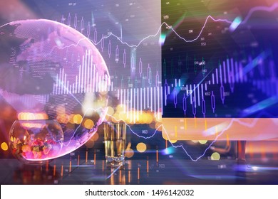 Multi exposure of forex graph and work space with computer. Concept of international online trading.