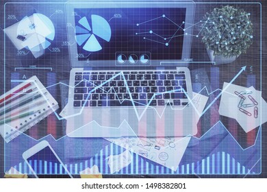 Multi exposure of forex graph and work space with computer. Concept of international online trading.