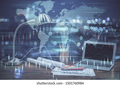 Multi exposure of forex graph and work space with computer. Concept of international online trading.