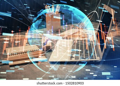 Multi exposure of forex graph and work space with computer. Concept of international online trading.