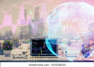 Multi exposure of forex graph and work space with computer. Concept of international online trading.