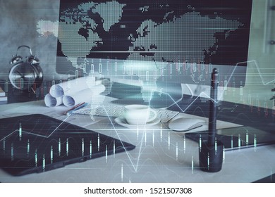 Multi exposure of forex graph and work space with computer. Concept of international online trading.