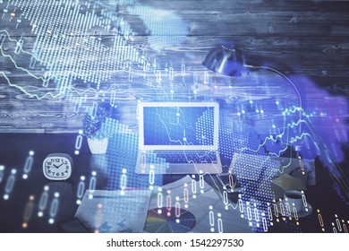 Multi exposure of forex graph and work space with computer. Concept of international online trading.