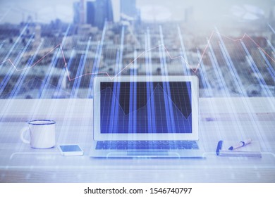 Multi exposure of forex graph and work space with computer. Concept of international online trading.