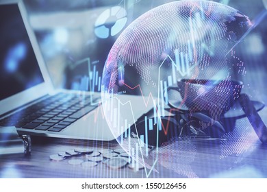 Multi exposure of forex graph and work space with computer. Concept of international online trading.