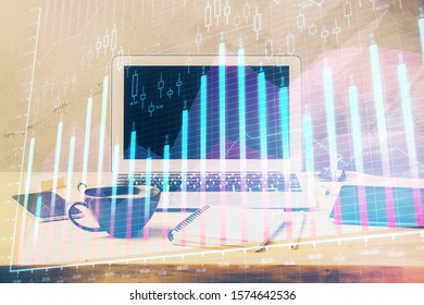 Multi exposure of forex graph and work space with computer. Concept of international online trading.