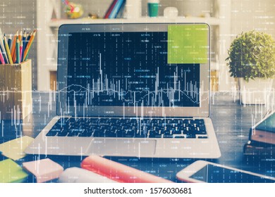Multi exposure of forex graph and work space with computer. Concept of international online trading.